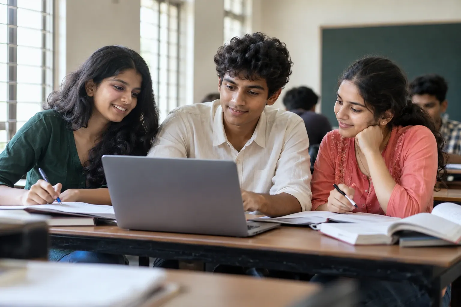 Realistic AI-generated photograph of students studying together